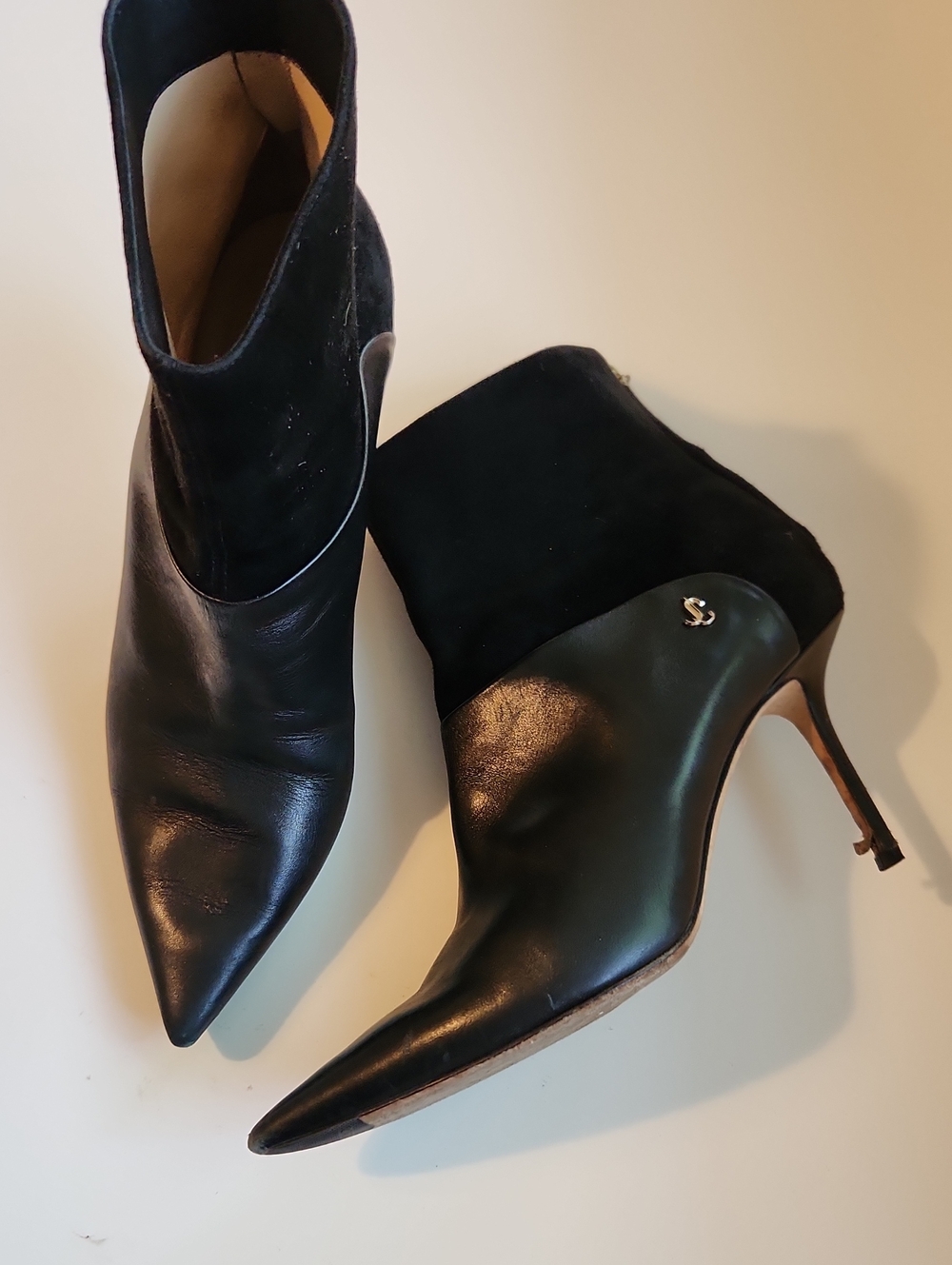 Jimmy Choo Black Leather and Suede Pointed Ankle Booties